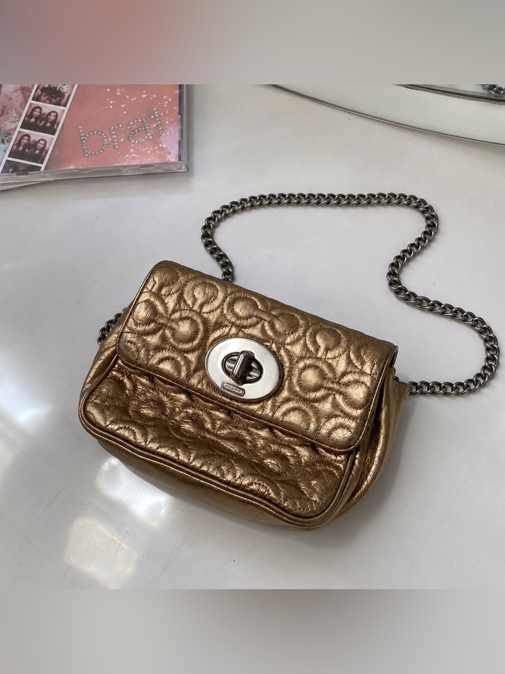 Vintage Coach Y2K Metallic Bronze Chain Shoulder Bag Turnlock Mini Baguette 💚